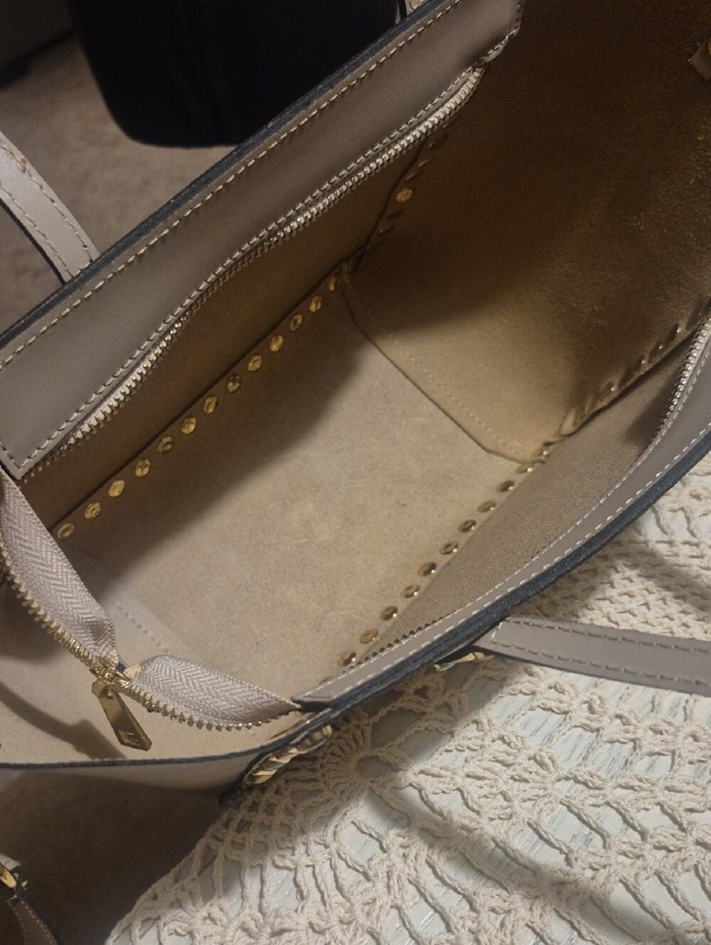 Stud-Trim Taupe Shoulder Tote Bag - Picture 2 of 7
